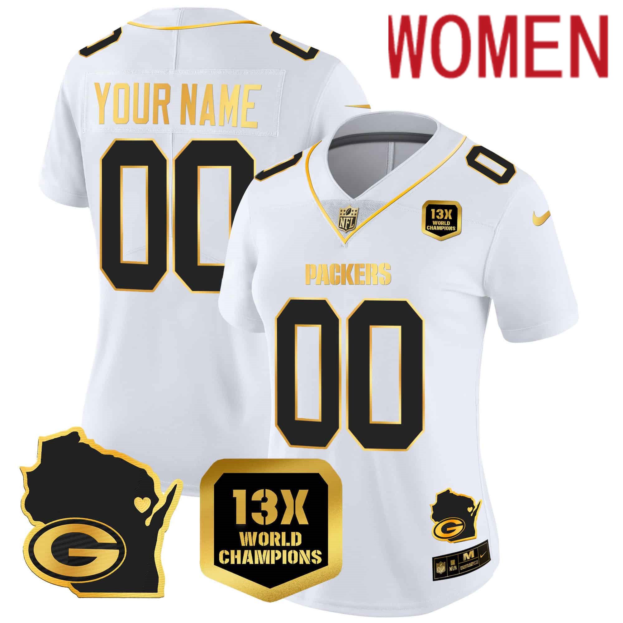 Women Green Bay Packers White Gold 2024 Nike World Champions Home Patch Vapor Custom NFL Jersey->customized nfl jersey->Custom Jersey